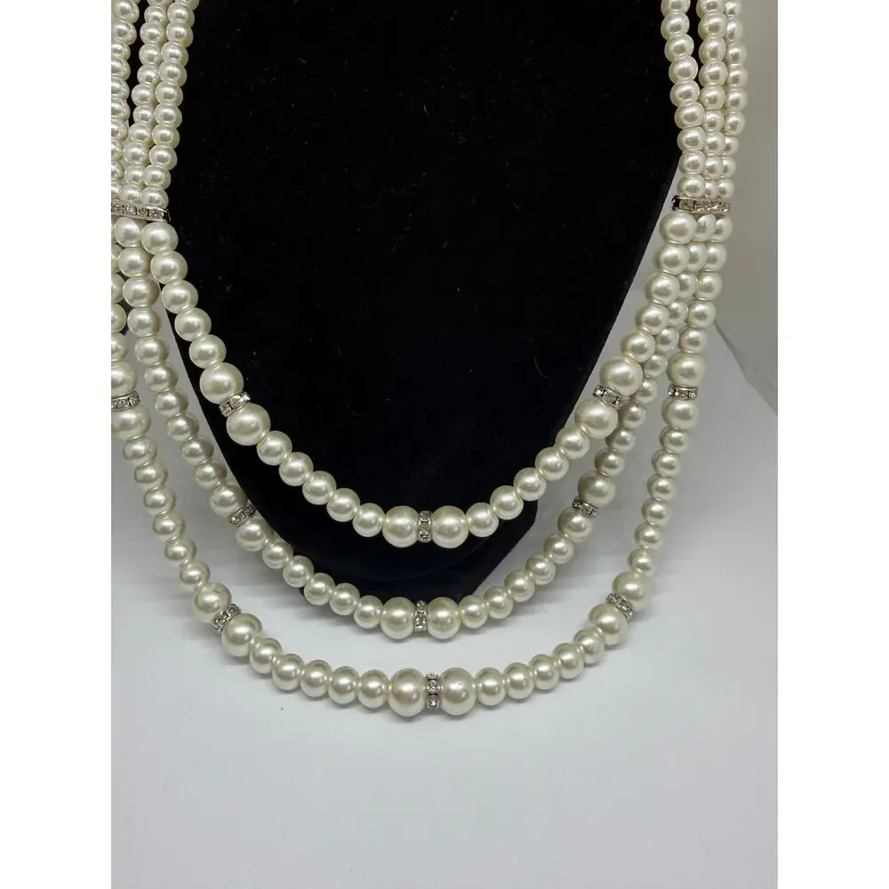 Triple Strand Faux Pearls Rhinestone Statement Necklace Layered Wedding Coquette